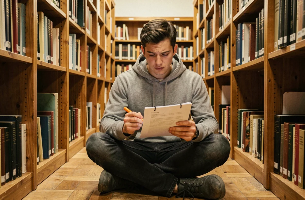 Étudiant lisant un exemple de commentaire composé corrigé dans une bibliothèque universitaire
