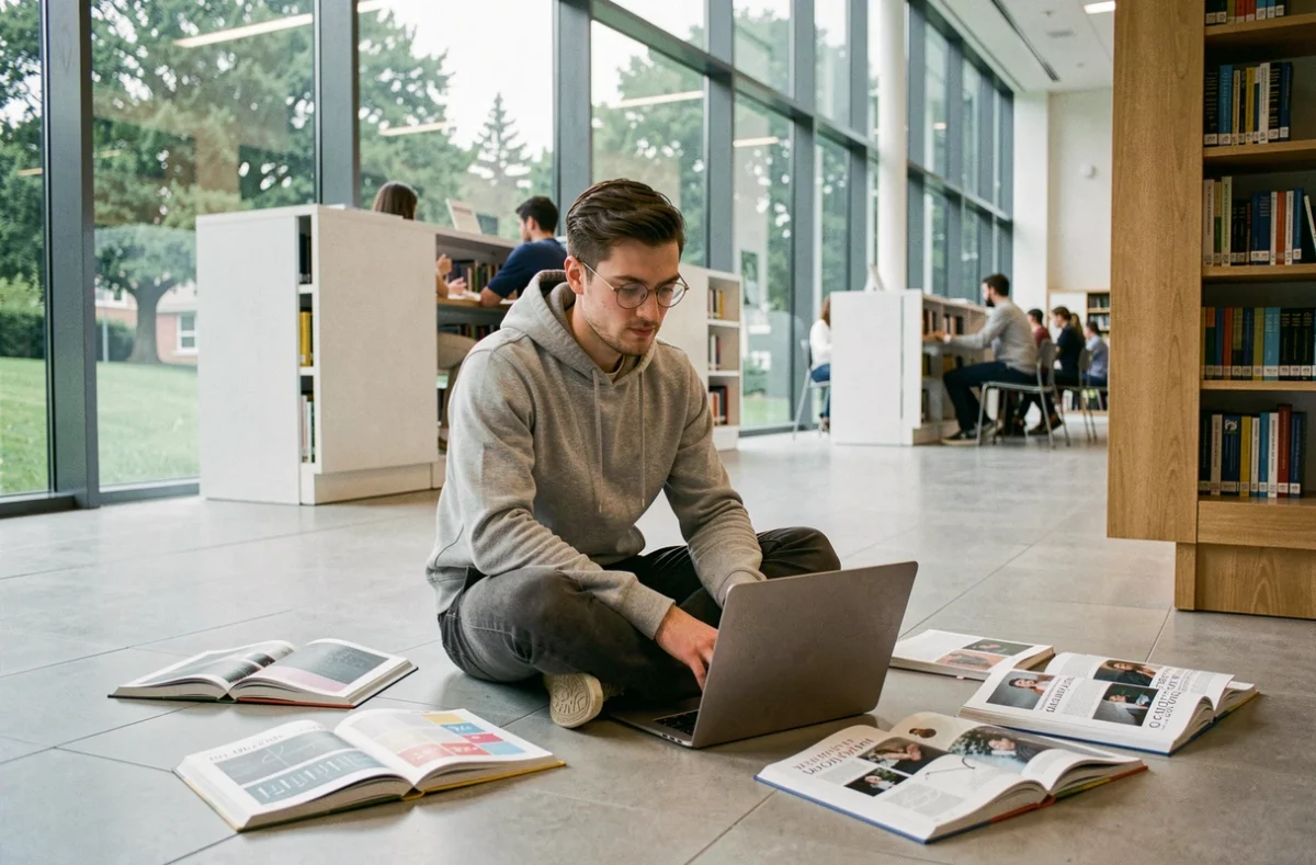 Étudiant en design graphique travaillant sur son portfolio numérique dans une bibliothèque universitaire à l'étranger