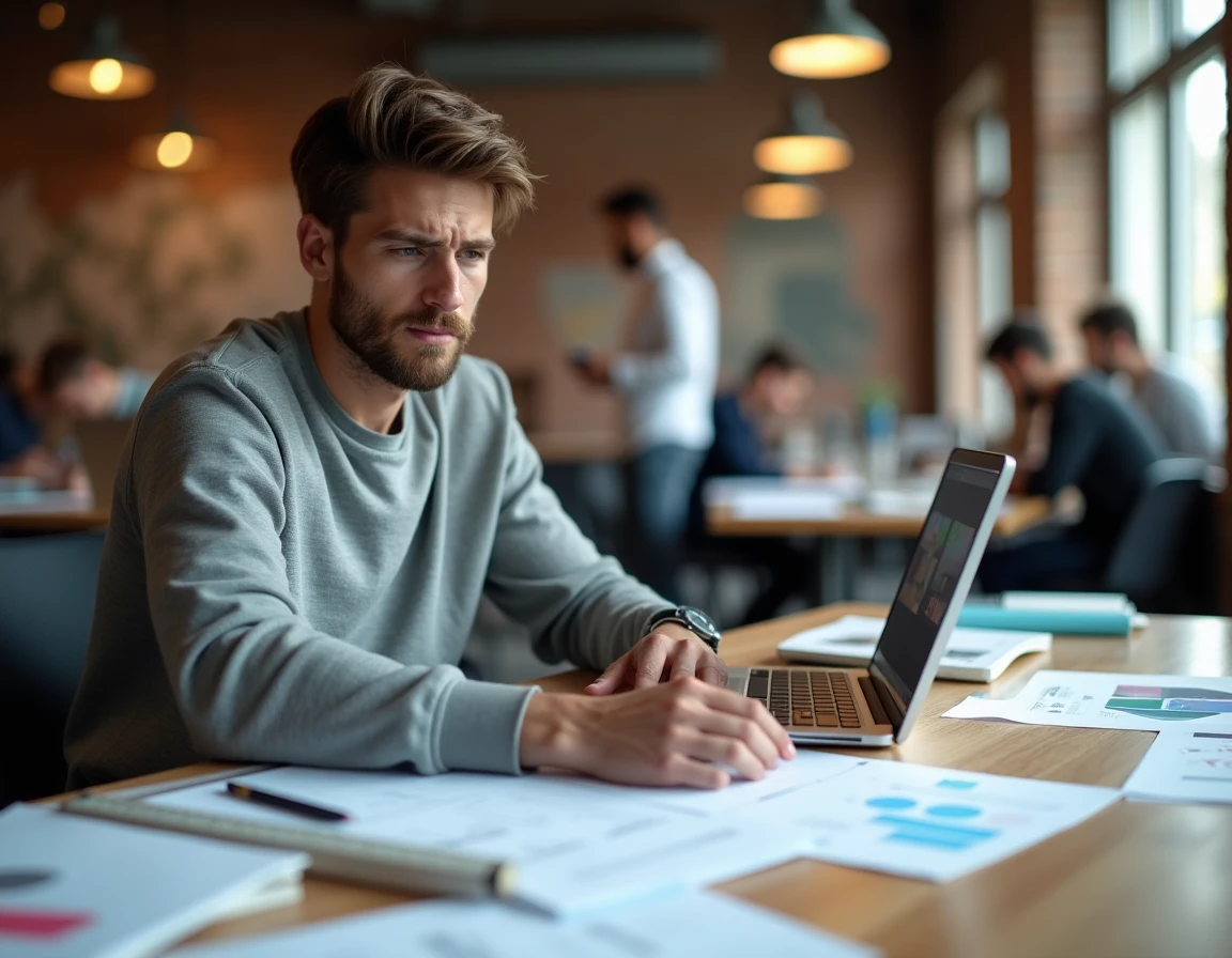 Étudiant en design graphique analysant un kit de design universitaire avec des erreurs marquées sur une feuille imprimée