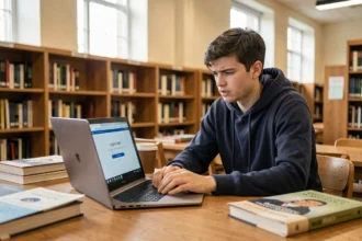 Étudiant frustré face à une erreur de connexion sur son ENT depuis un ordinateur portable en bibliothèque universitaire