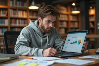 Étudiant concentré dans une bibliothèque universitaire, inspiré par la méthode de travail intense d'Elon Musk, entouré de notes et d'un ordinateur portable