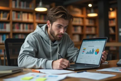 Étudiant concentré dans une bibliothèque universitaire, inspiré par la méthode de travail intense d'Elon Musk, entouré de notes et d'un ordinateur portable