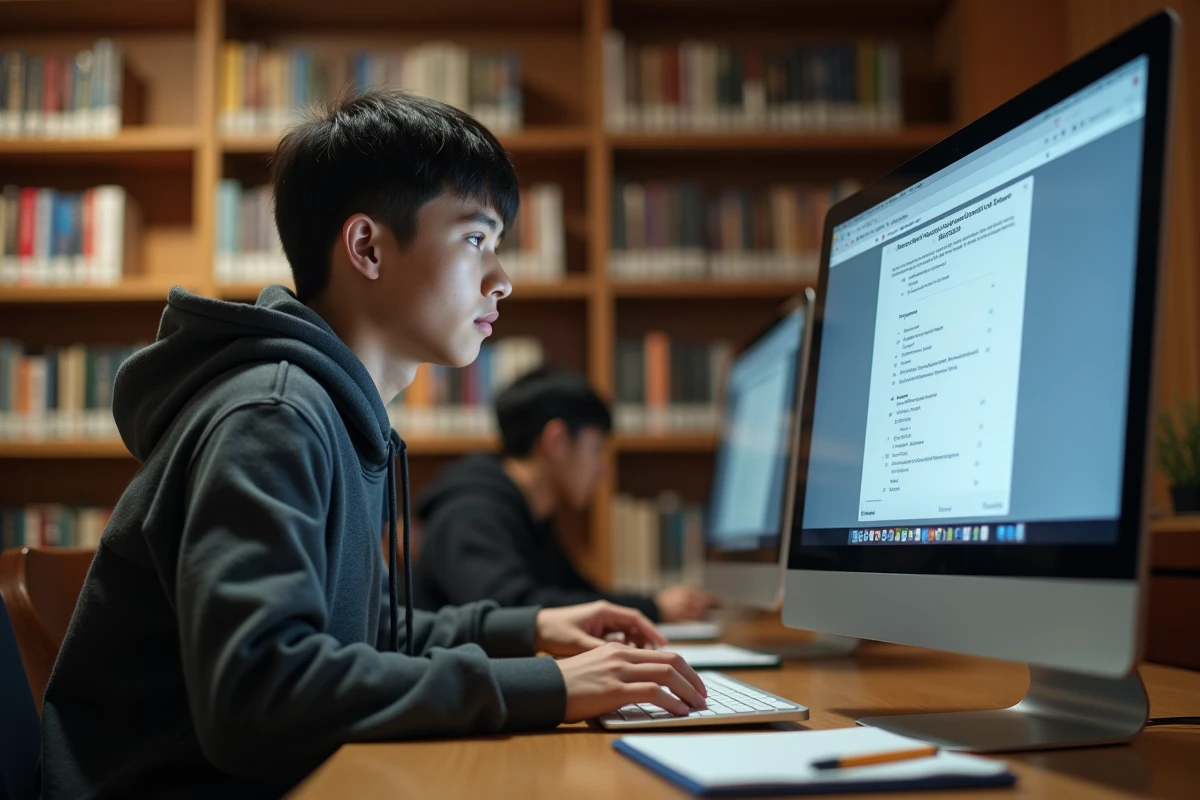 Étudiant mettant à jour son dossier sur Cyclades dans une bibliothèque universitaire