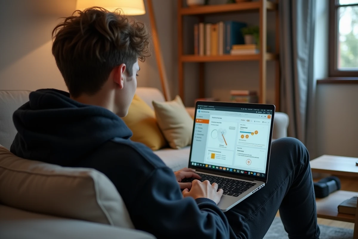 Jeune adulte consultant la plateforme Moodle du GRETA depuis son canapé avec un ordinateur portable