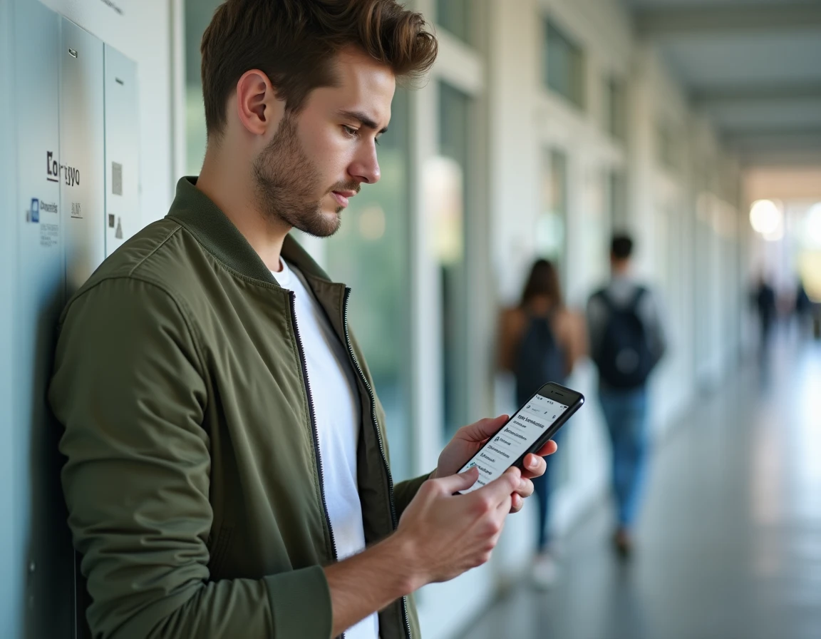 Étudiant NEOMA consultant l'application Neomagora sur son smartphone dans un couloir du campus en 2026