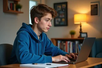 Jeune étudiant concentré sur son ordinateur dans une chambre universitaire