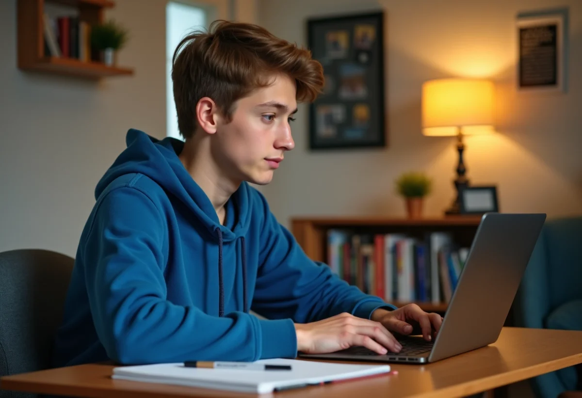 Jeune étudiant concentré sur son ordinateur dans une chambre universitaire