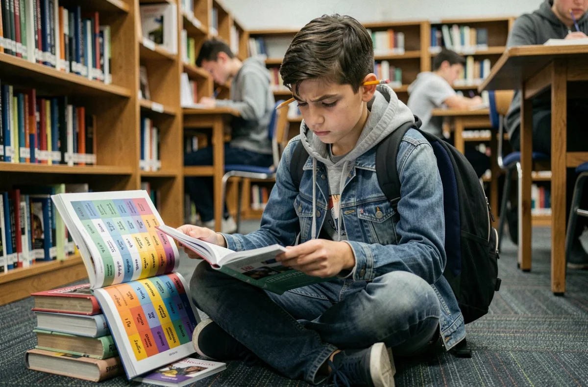 Étudiant adolescent révisant la conjugaison des verbes espagnols dans une bibliothèque scolaire