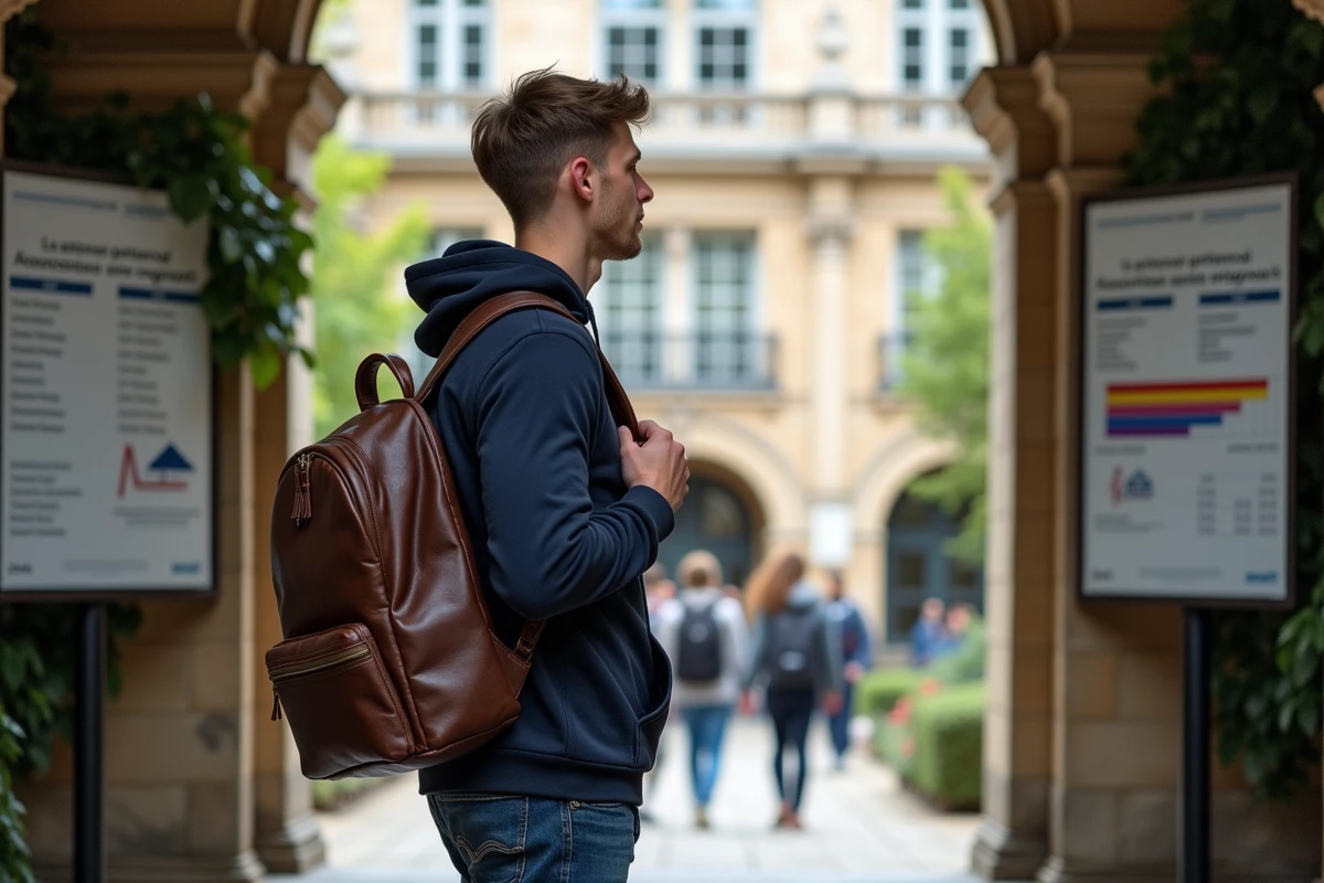 Jeune étudiant consultant un tableau d'affichage universitaire devant un bâtiment de grande école, symbolisant le choix entre prépa BCPST et faculté de biologie