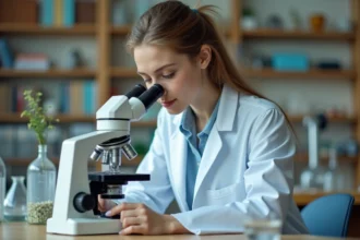 Étudiante en biologie observant un spécimen au microscope dans un laboratoire universitaire, illustrant le choix entre prépa BCPST et licence de biologie