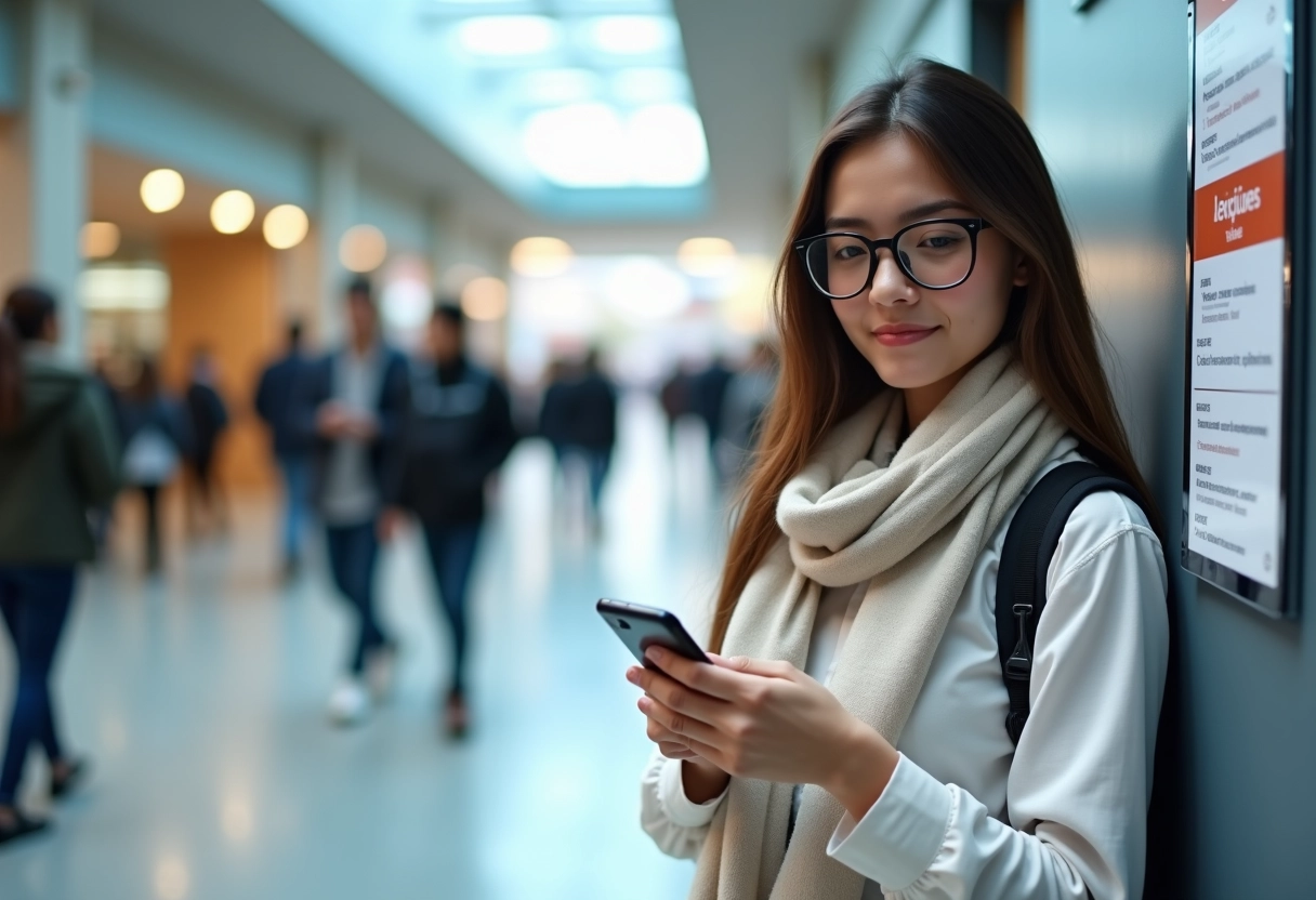 Étudiante regardant son smartphone dans un couloir universitaire animé