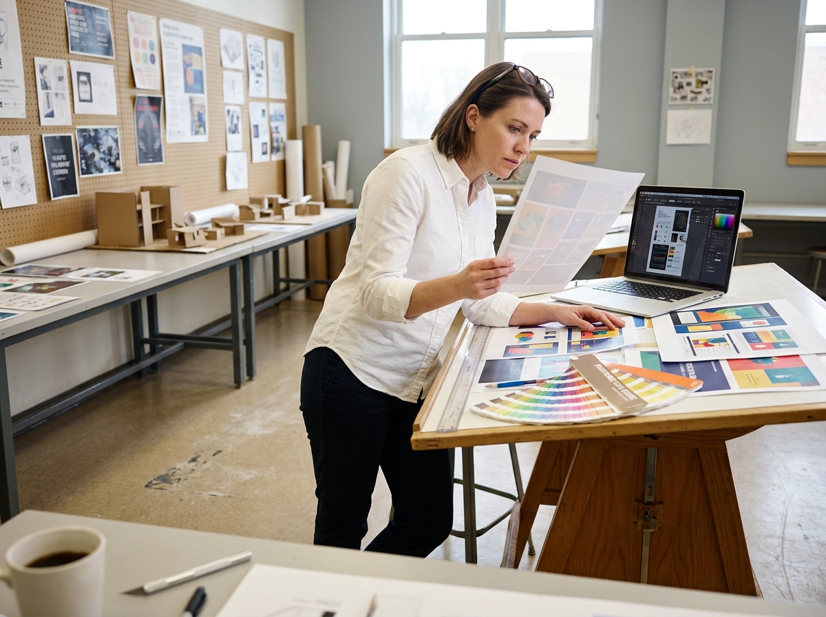 Femme étudiante en design graphique analysant des maquettes imprimées dans une salle de cours avec outils et références Pantone