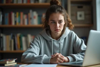 Étudiante frustrée devant un écran d'erreur sur son ordinateur portable, symbolisant un site universitaire inaccessible