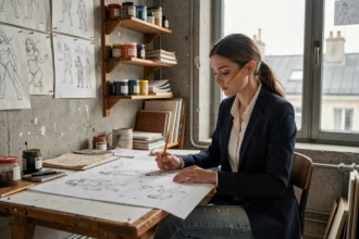 Étudiante en animation à l'école des Gobelins travaillant sur des planches de storyboard dans un atelier d'art parisien