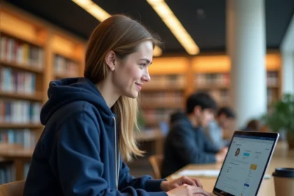 Étudiante NEOMA connectée sur la plateforme Neomagora depuis la bibliothèque universitaire avec son laptop