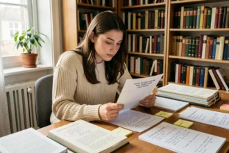 Étudiante révisant un commentaire composé corrigé avec des fiches et des livres sur un bureau en bois