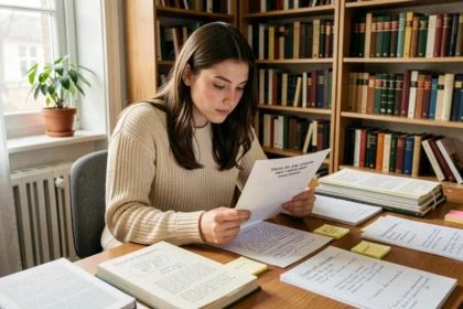Étudiante révisant un commentaire composé corrigé avec des fiches et des livres sur un bureau en bois