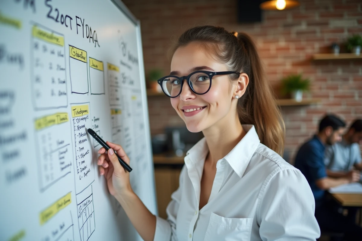 Étudiante motivée devant un tableau blanc dans un espace de coworking, appliquant la philosophie de productivité d'Elon Musk à sa planification d'études