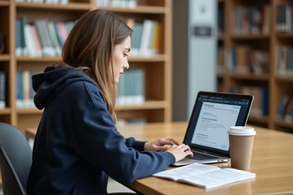 Étudiante consultant l'application UBS ENT sur son ordinateur portable dans une bibliothèque universitaire moderne