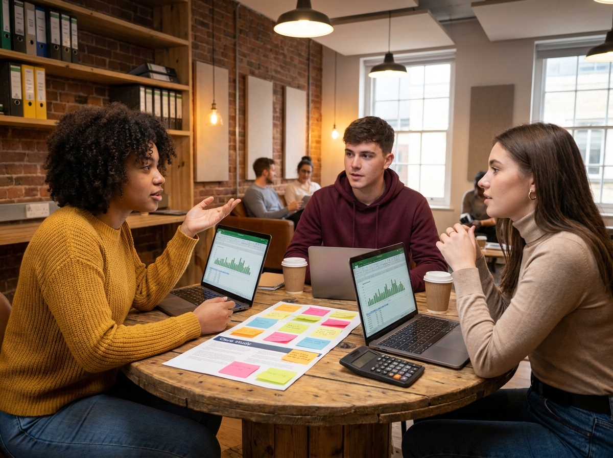 Groupe d'étudiants en alternance travaillant ensemble sur un cas pratique de comptabilité dans un espace de formation partagé