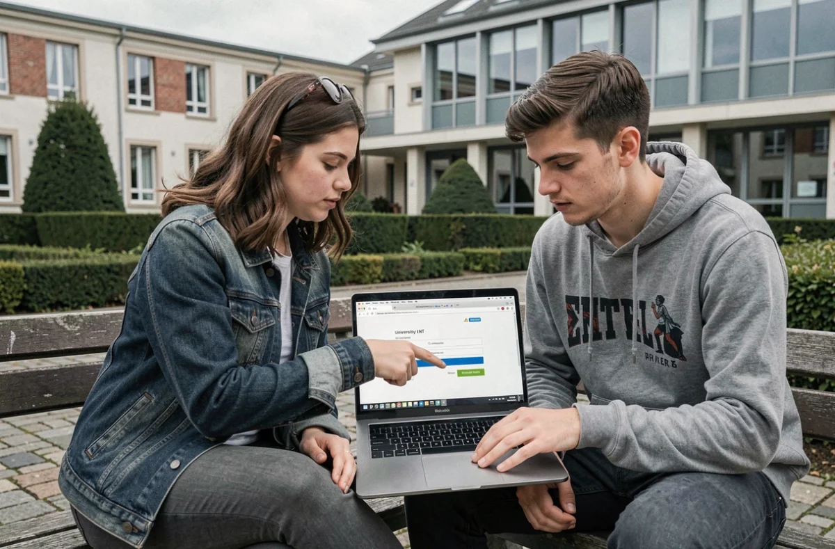Deux étudiants consultant ensemble la page de connexion de l'ENT de l'IUT sur un campus universitaire français
