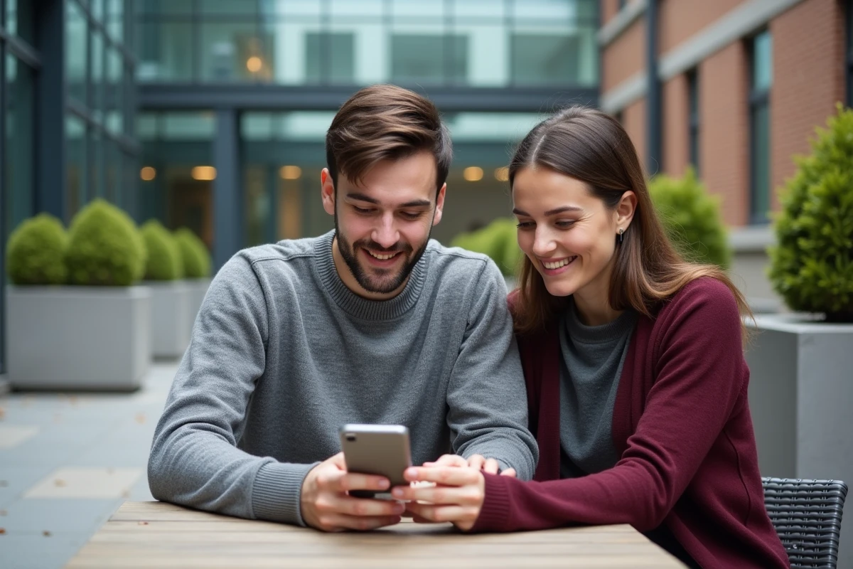 Deux étudiants découvrant ensemble l'ENT UBS sur smartphone dans la cour d'un campus universitaire en automne