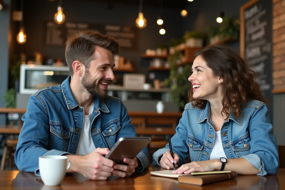 Deux étudiants discutant de l'étude d'Elon Musk dans un café, prenant des notes et regardant un documentaire sur tablette pour s'inspirer dans leurs projets