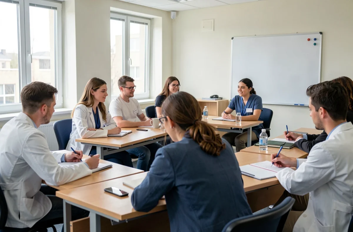 Étudiants en cours de psychopathologie clinique dans une salle de formation