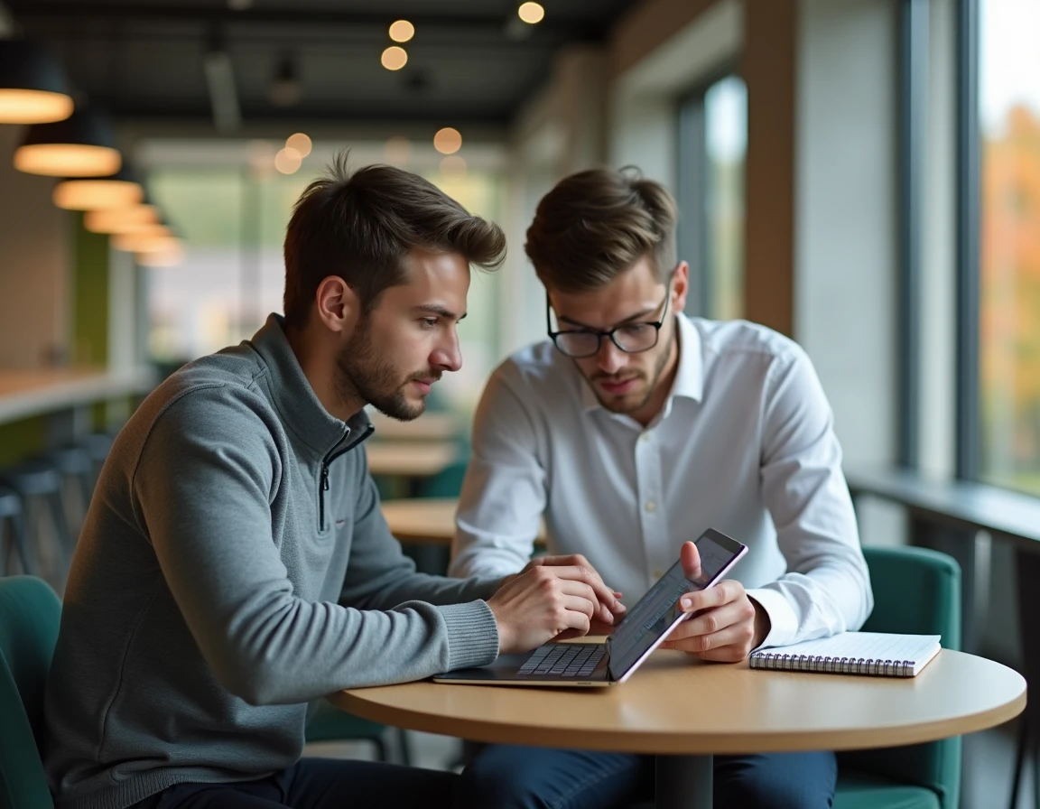 Deux étudiants NEOMA consultant ensemble le guide Neomagora sur une tablette dans un espace de coworking du campus