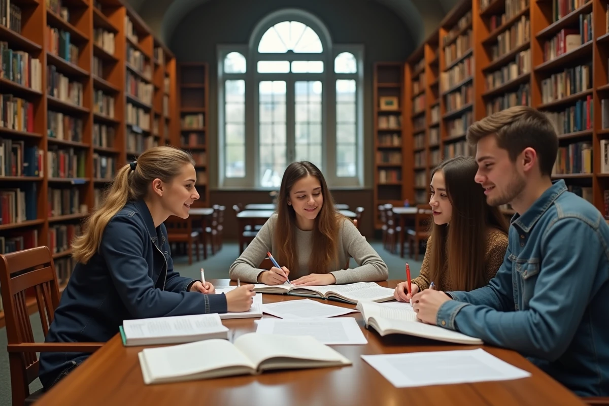 Groupe d'étudiants en train de réviser ensemble dans une bibliothèque universitaire, représentant le dilemme entre prépa BCPST et fac de biologie