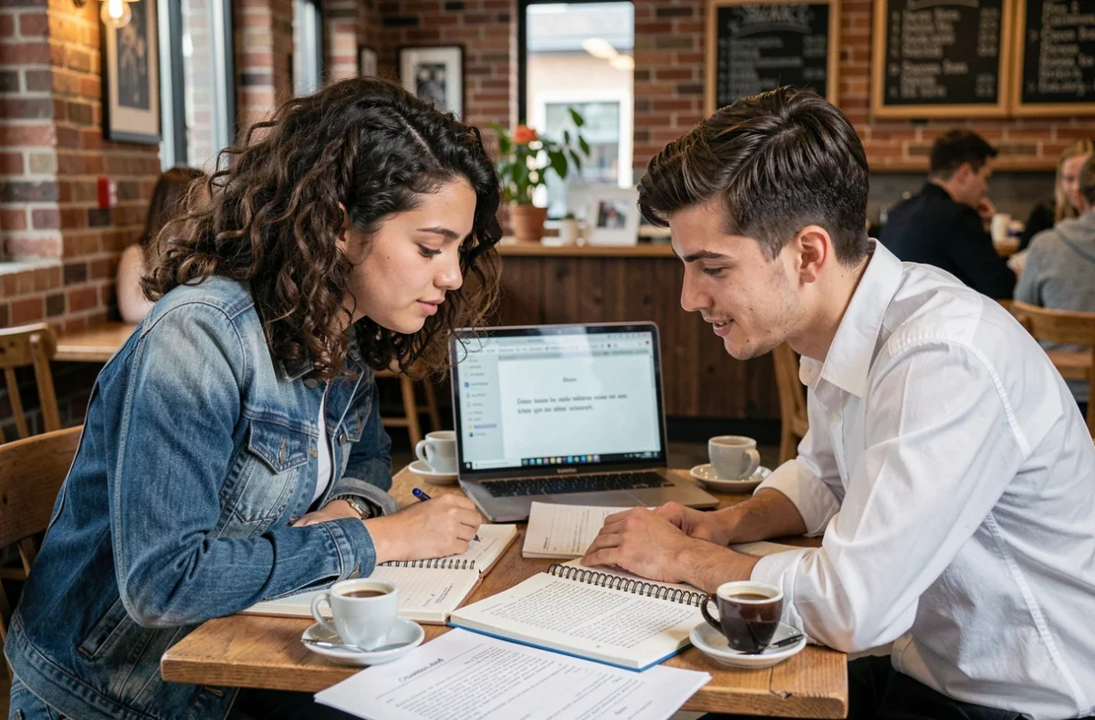 Deux étudiants révisant ensemble un commentaire composé corrigé dans un café avec des notes et un ordinateur