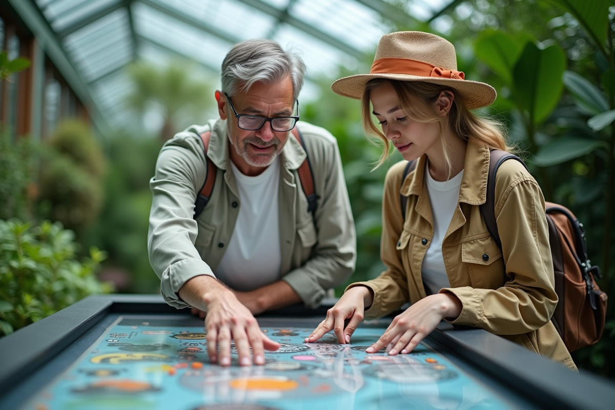 Homme et femme découvrant une exposition scientifique dans un jardin