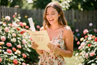 Jeune femme diplômée du bac riant en lisant une carte de félicitations humoristique dans un jardin fleuri