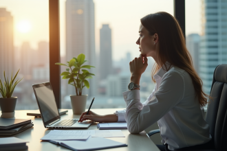 Femme d'affaires réfléchissant près d'une fenêtre en ville