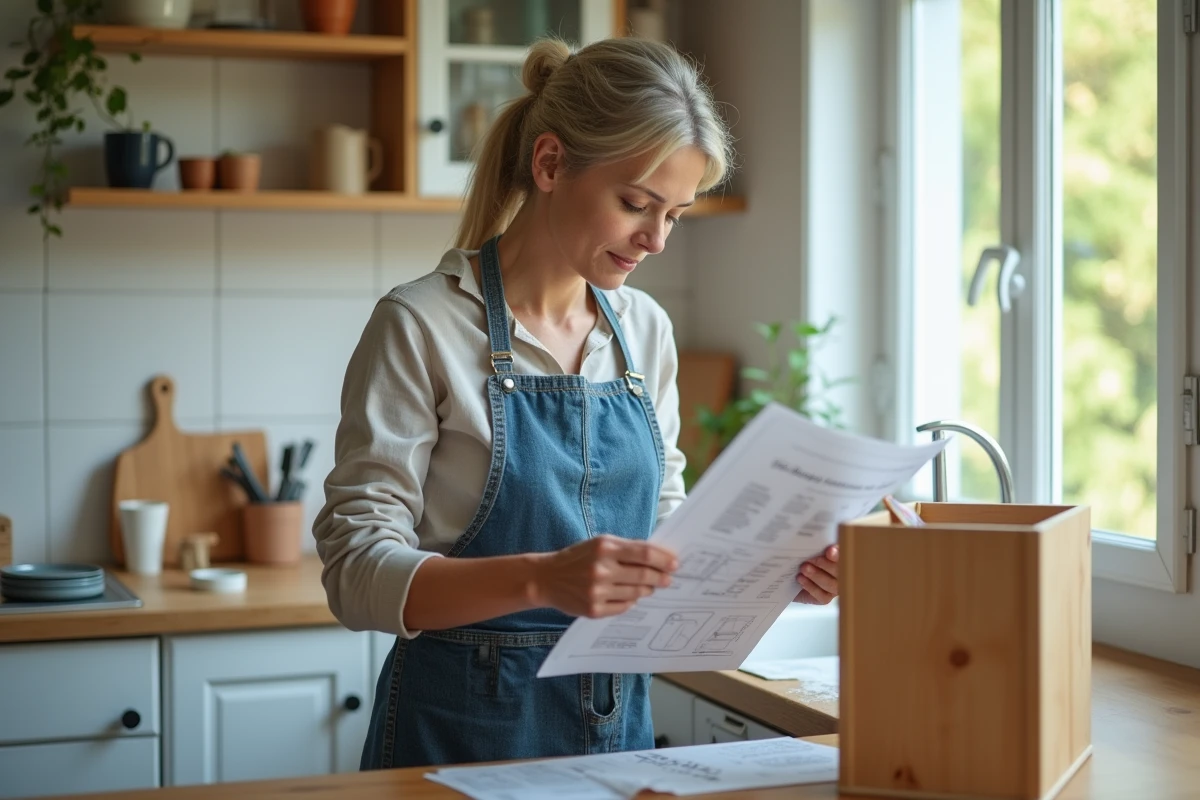 Femme en cuisine assemblant un meuble avec manuel