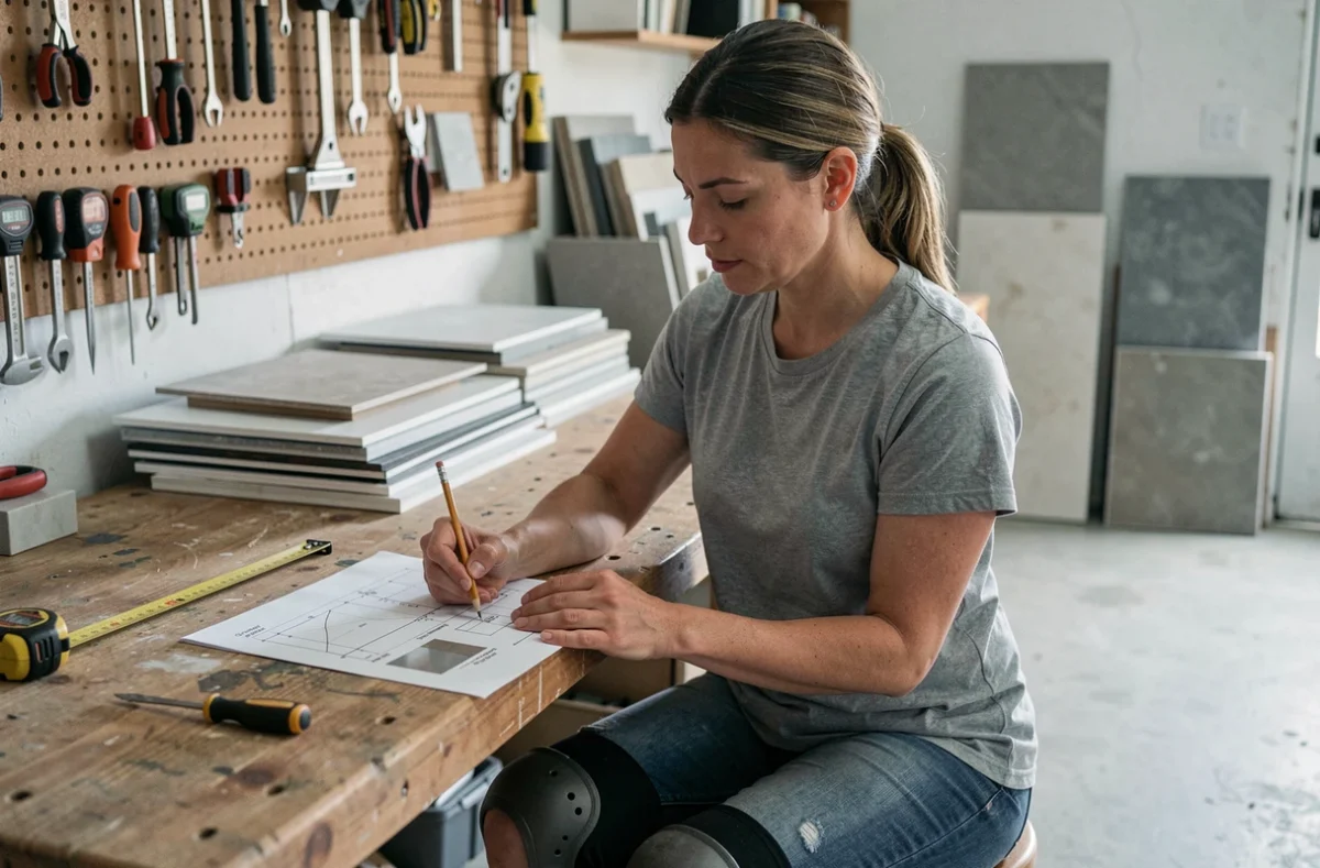 Femme bricoleur débutante consultant un guide de pose de carrelage dans un atelier de garage bien organisé
