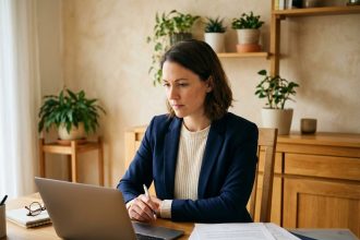 Femme professionnelle en bureau assurant ses documents