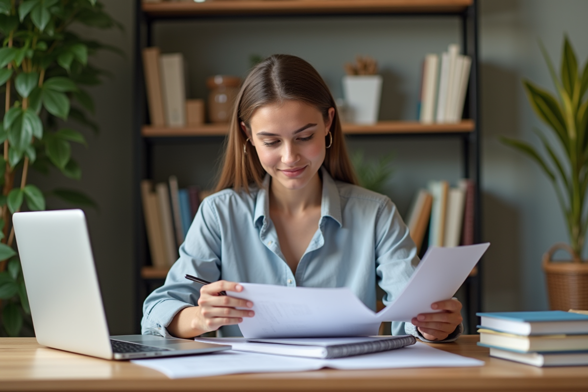 Jeune femme en bureau lisant des documents