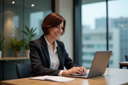 Femme souriante dans un bureau moderne avec ordinateur