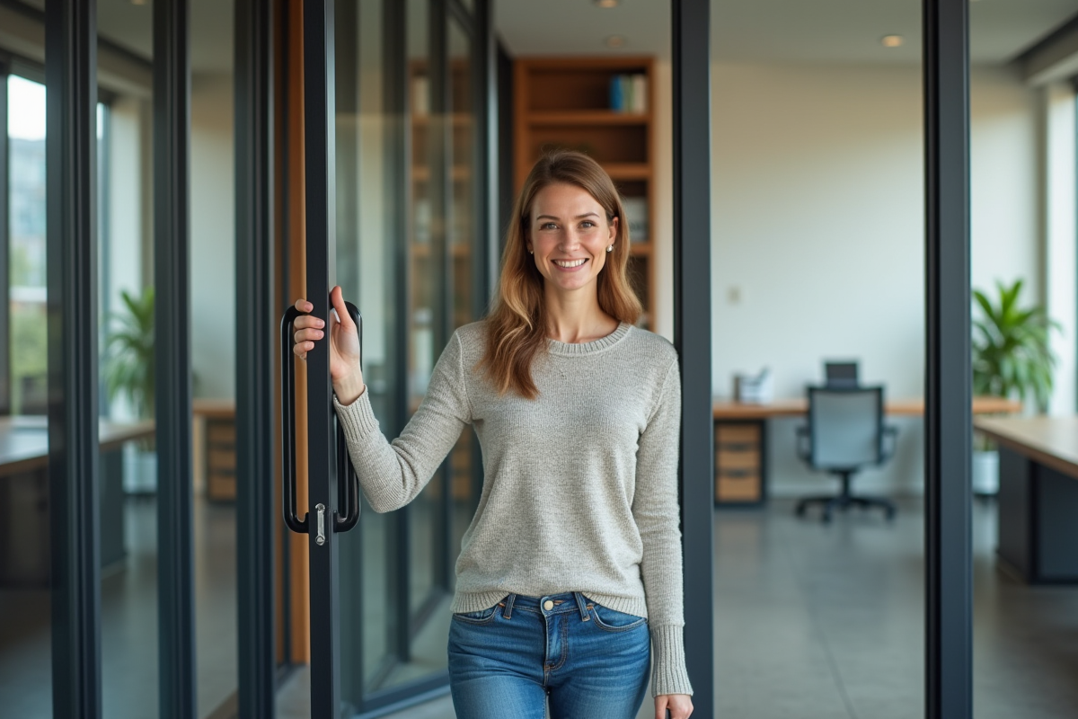 Femme d'âge moyen souriant en quittant un bureau moderne