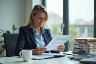 Femme cadre consultant des documents administratifs sur le CPF à son bureau professionnel