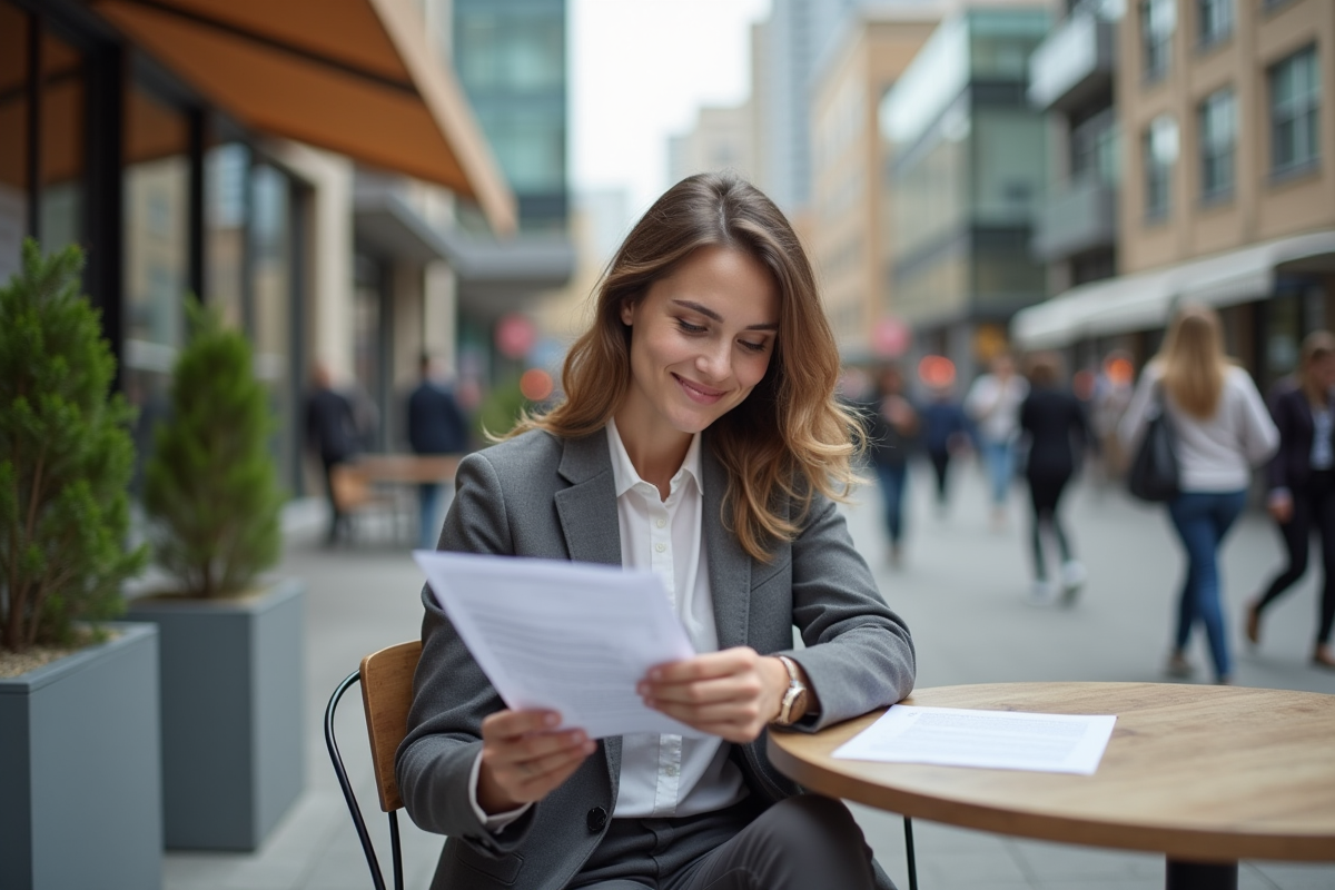 Femme étudie documents dans un café en extérieur