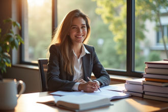Femme confiante assise à un bureau moderne avec livres de coaching