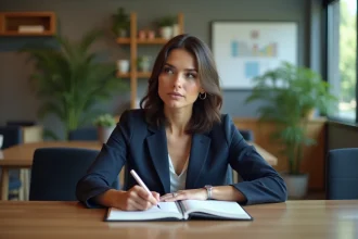 Femme confiante en costume navy lors d'une réunion professionnelle