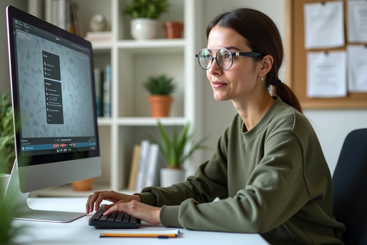 Femme suivant un cours de bricolage en ligne sur un ordinateur de bureau avec prise de notes
