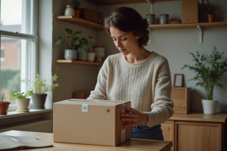 Femme moyenne âge emballant des cartons dans une cuisine