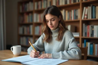 Jeune femme étudiant un exemple de test TOEIC à son bureau avec des feuilles d'exercices imprimées