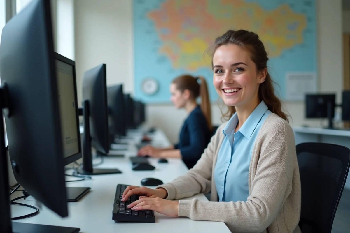 Femme étudiante utilisant le portail ENT dans un centre informatique