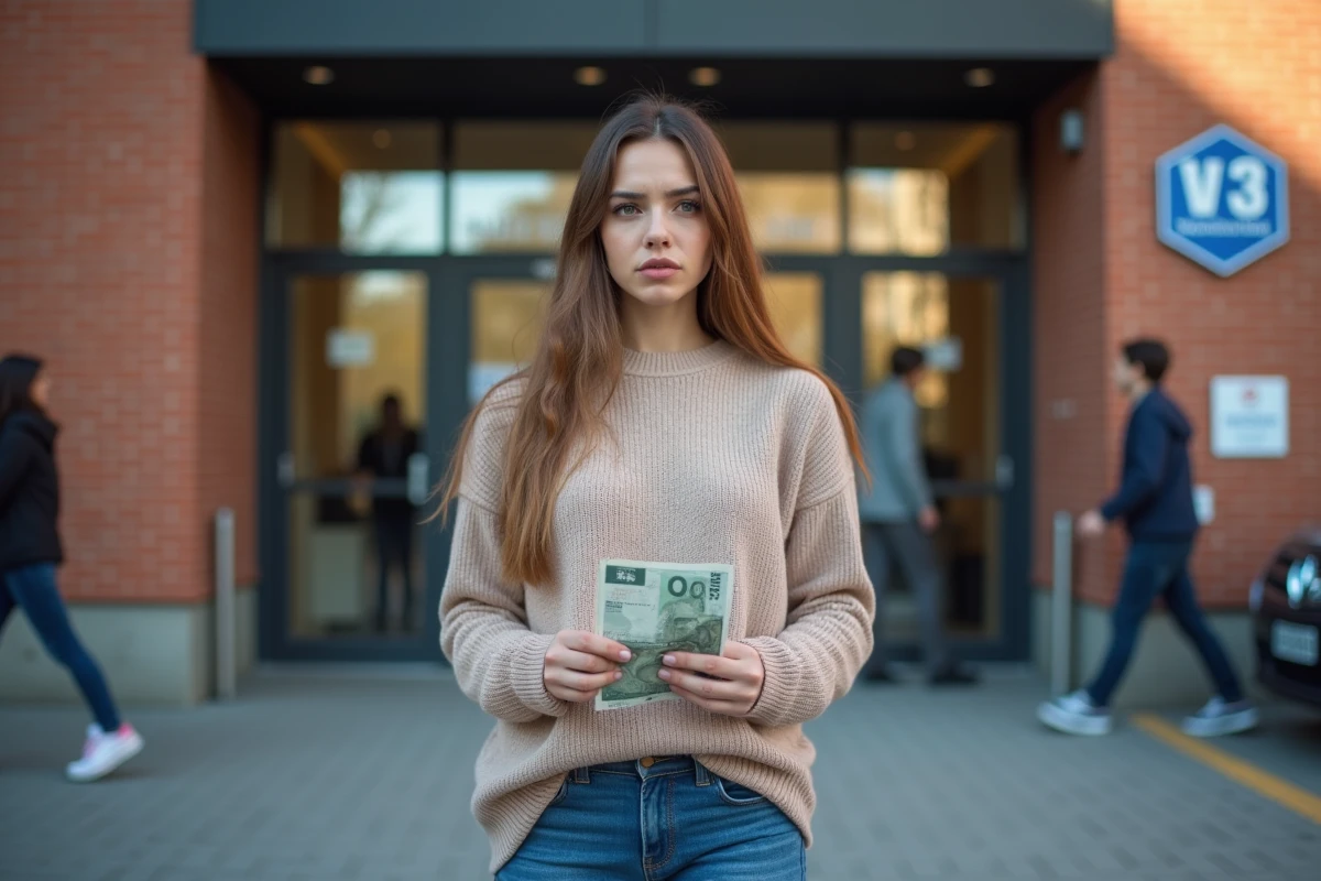 Jeune femme perplexe tenant une facture devant un centre de formation