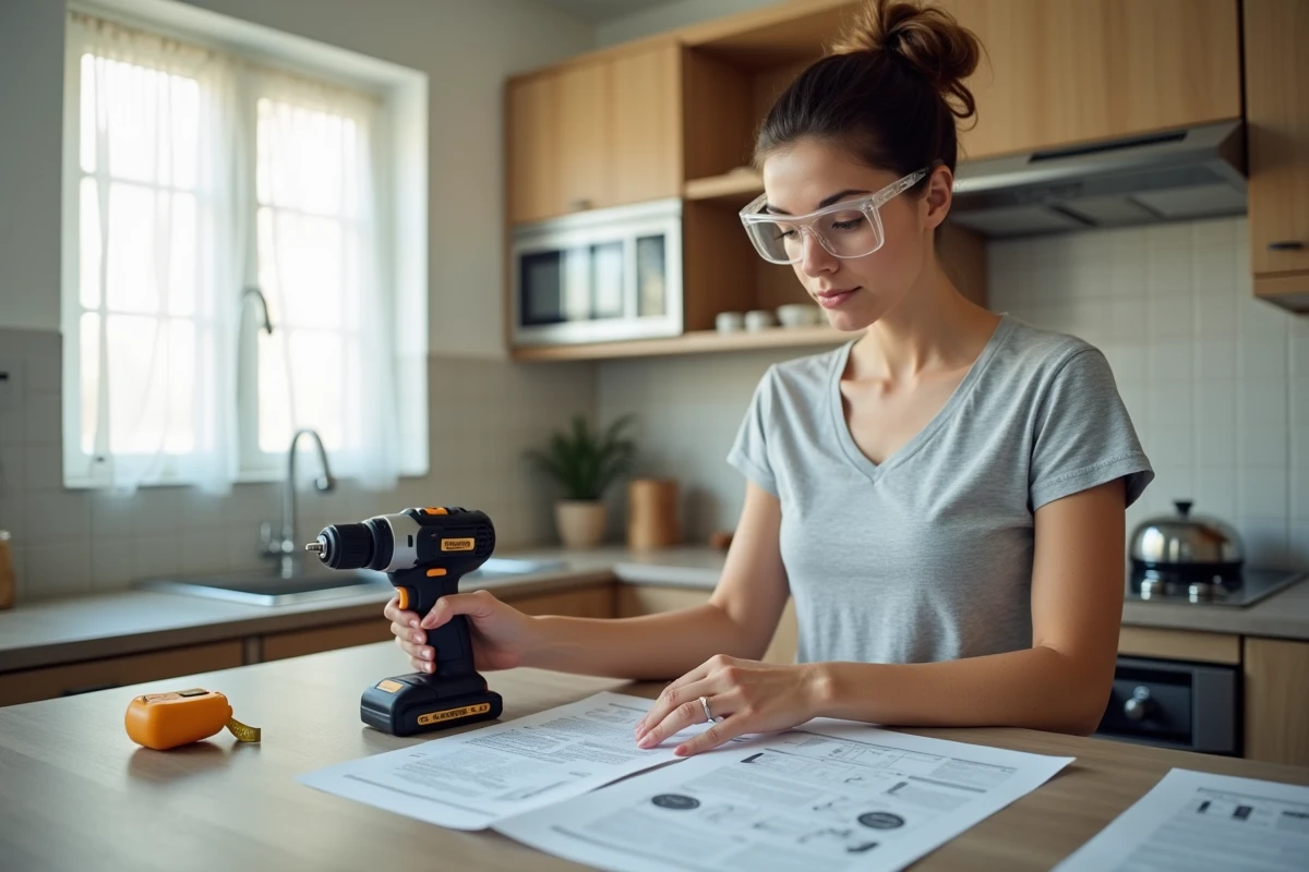 Femme propriétaire consultant des fiches de formation bricolage dans sa cuisine avec des outils posés sur le plan de travail